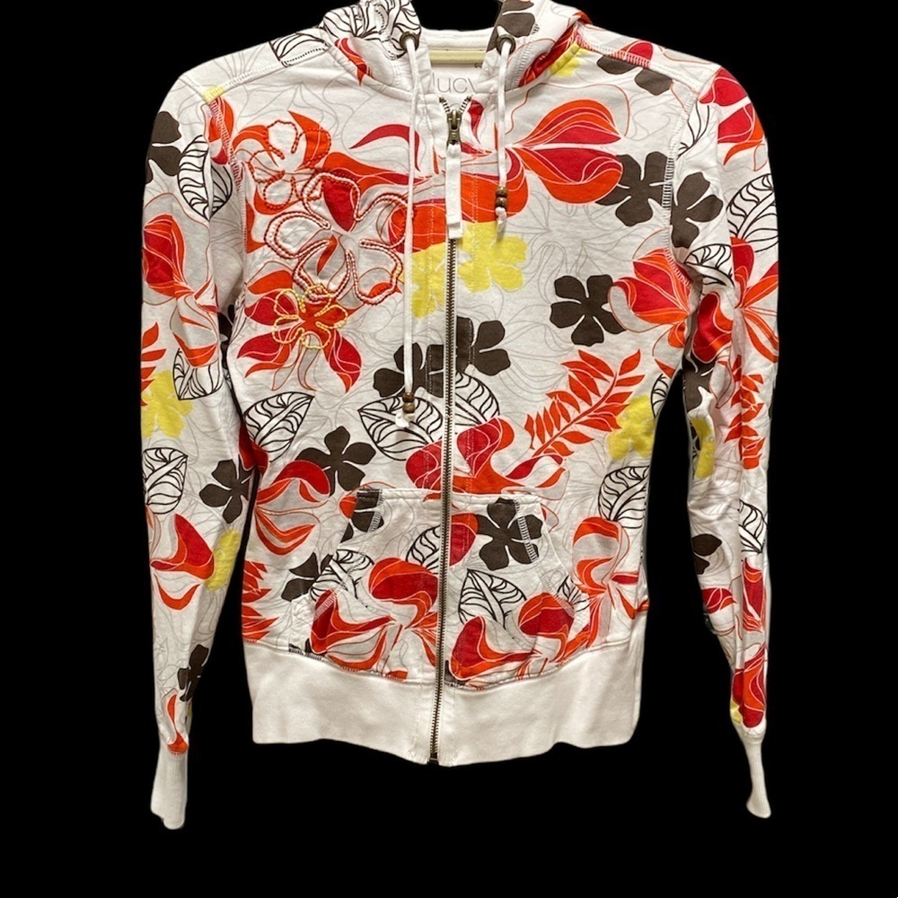 Lucy Art Hoodie full zip front hoodie embroidered embellishments tropical Sz XS
